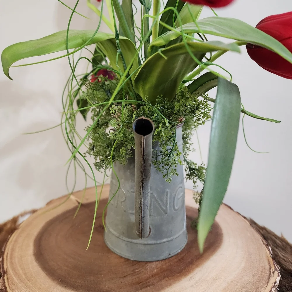Rustic Farmhouse Galvanized Watering Can Tulip Floral Arrangement